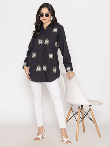 Black Shirt with Artful Embroidery on the Front & Back ( Diwali )