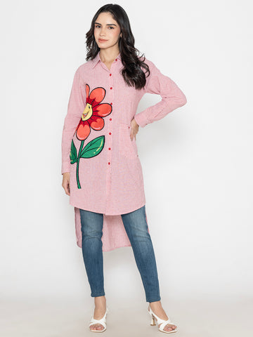 SOLID COLOR FRONT BACK EMBROIDERED BUTTON UP EMBROIDERED LONG SHIRT