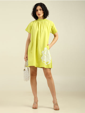 Solid Color Front Embroidered Bling Shirt Dress With Gathered Neck
