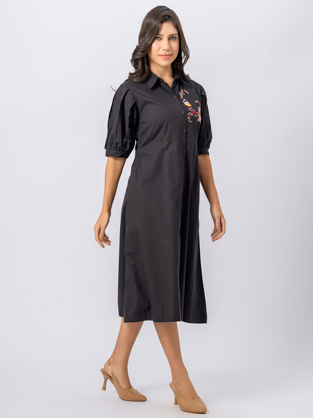 SOLID COLOR FRON EMBROIDERED SHIRT DRESS WITH PUFF SLEEVES  ( Diwali  )