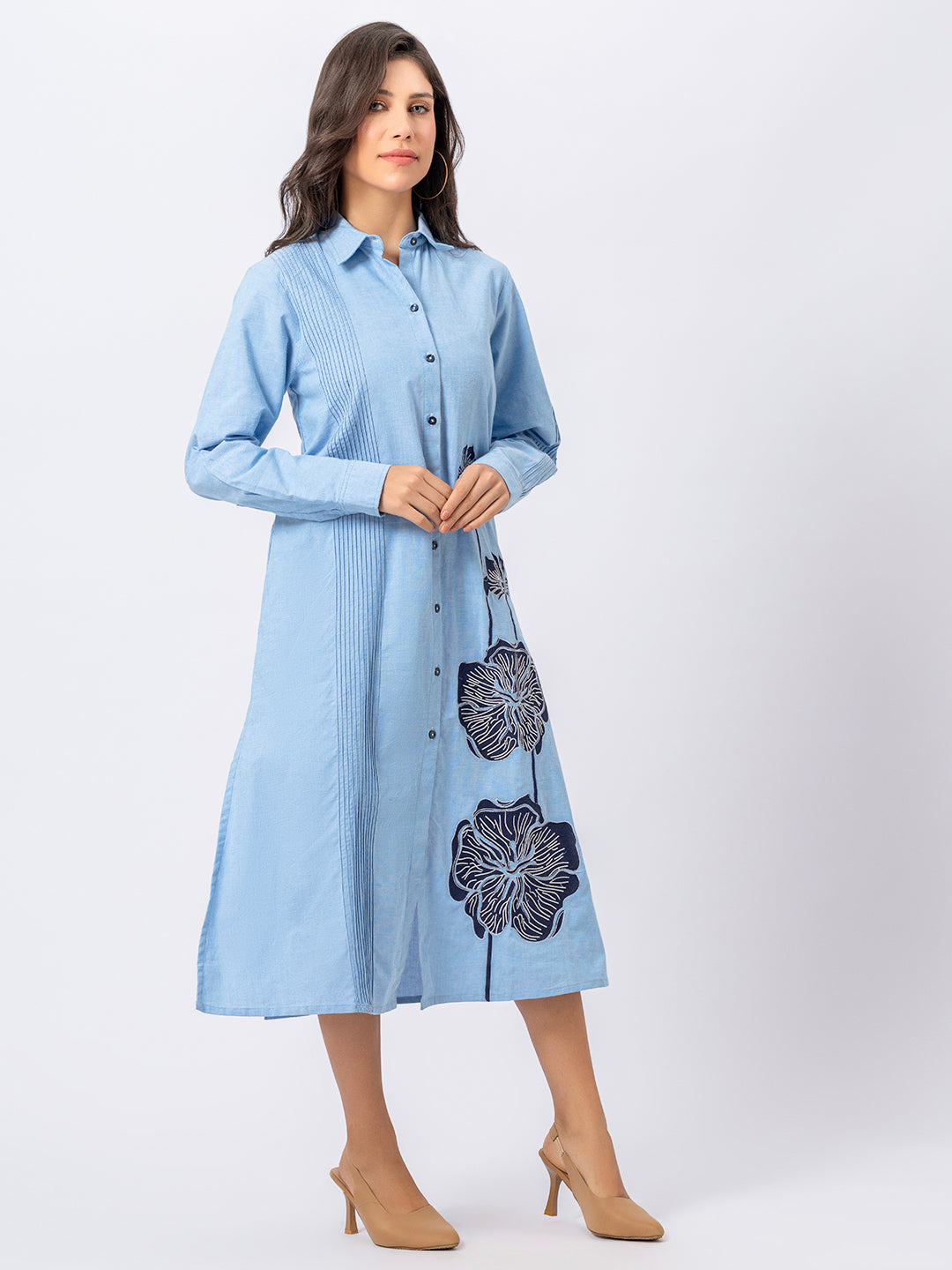 SOLID COLOR FRONT EMBROIDERED COTTON SHIRT DRESS WITH PINTEX DETAILING  ( Diwali )