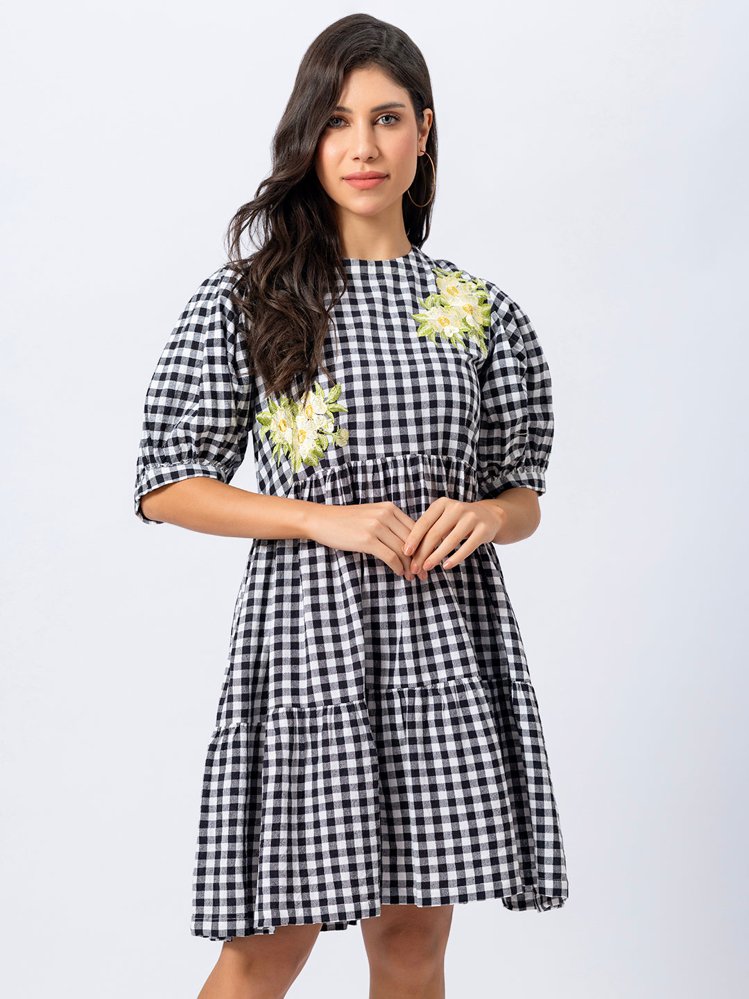 FRONT EMBROIDERED CHECK COTTON SHIRT DRESS  ( Diwali   )