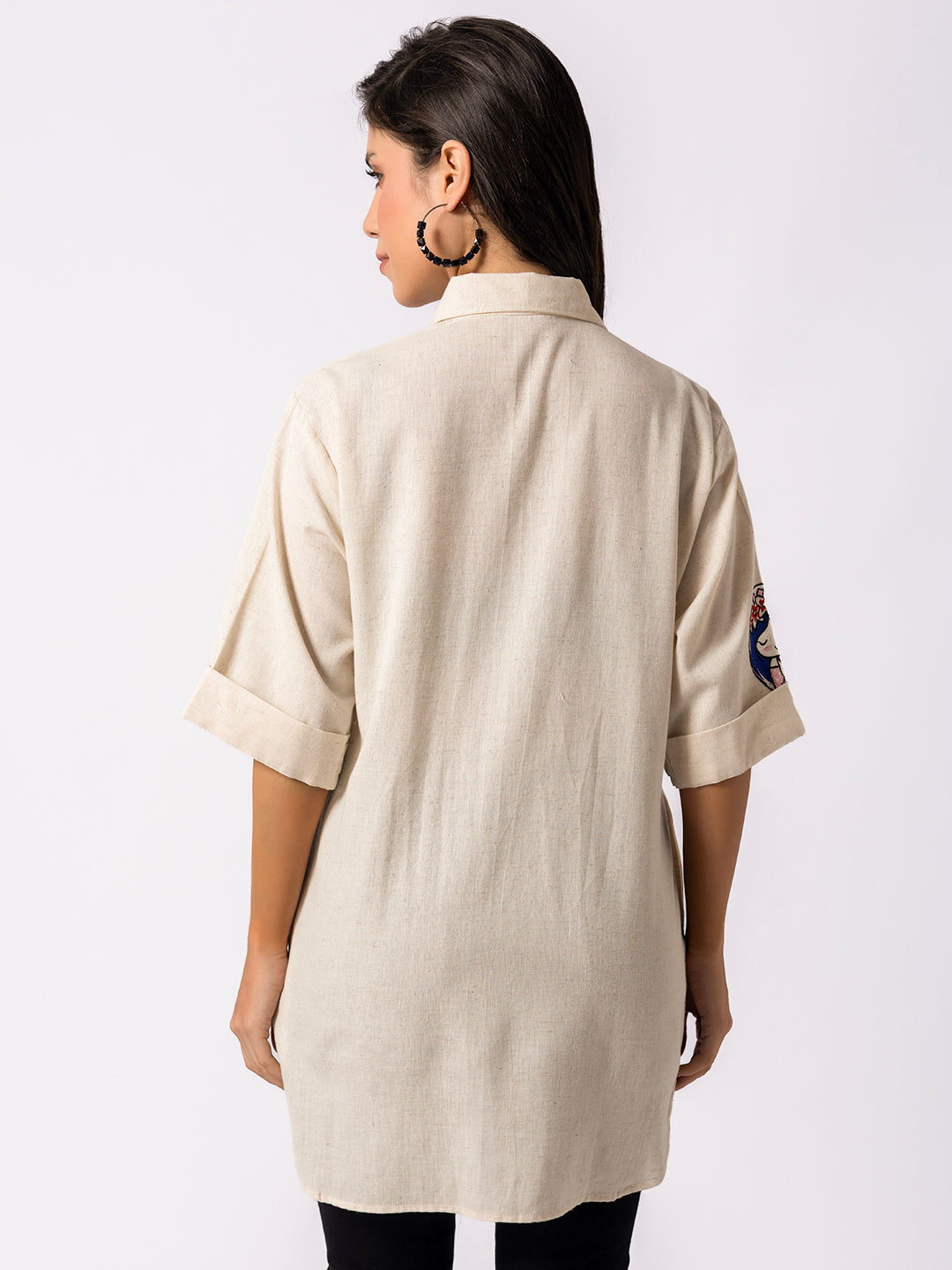 BEIGE COLOR FRONT, COLLAR & SLEEVE EMBROIDERED COTTON QUARTER SLEEVE SHIRT  ( Diwali  )