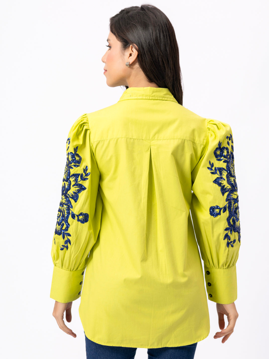 VIBRANT YELLOW SOLID COLOR SLEEVES SEQUENCE EMBROIDERED COTTON SHIRT  ( Diwali  )