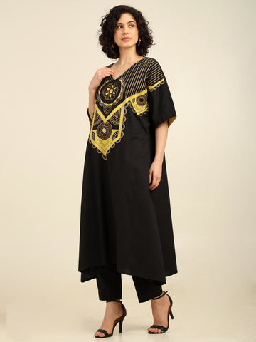 Black Cotton Heavy Neckline Embroidered Coord Set