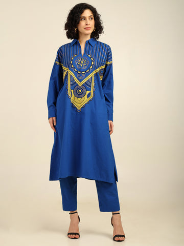 Electric Blue Cotton Heavy Neckline Embroidered Coord Set