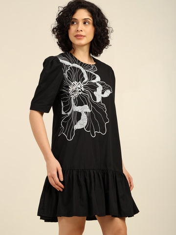 Floral Embroidered Short Ruffle Cotton Dress with puff Sleeves