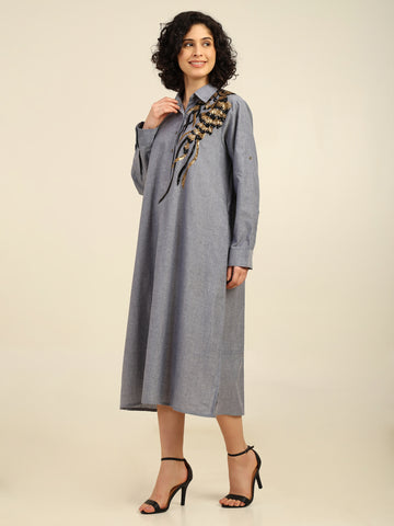 Sequnece Embroidered Chambray Cotton Long Shirt Dress with Side Slit