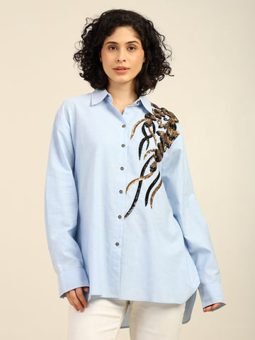 Sequnece Embroidered Chambray Cotton Shirt