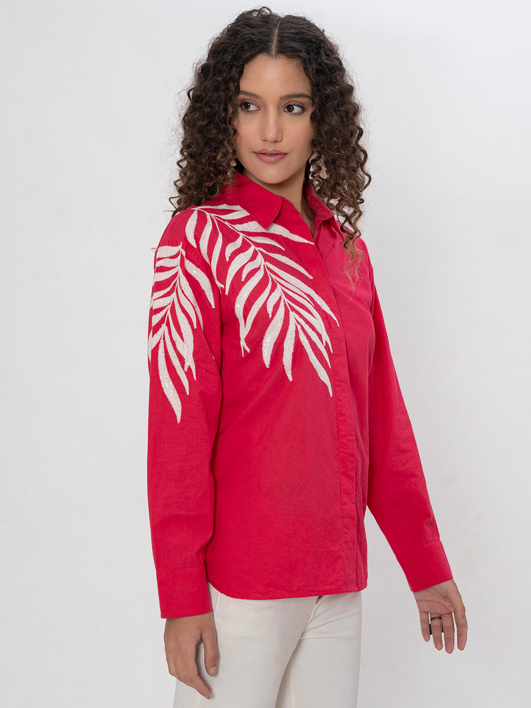 SOLID COLOR FRONT AND SLEEVE EMBROIDERED SEQUENCE COTTON SHIRT  ( Diwali  )