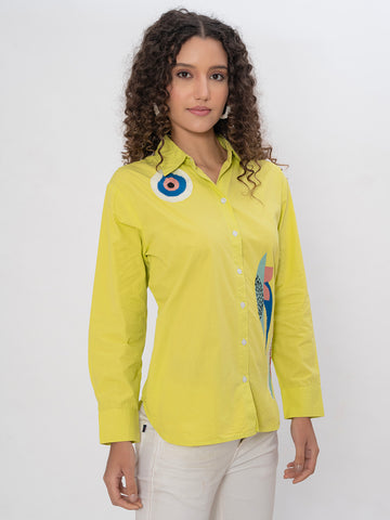 VIBRANT YELLOW SOLID COLOR FRONT AND BACK EMBROIDERED COTTON SHIRT.