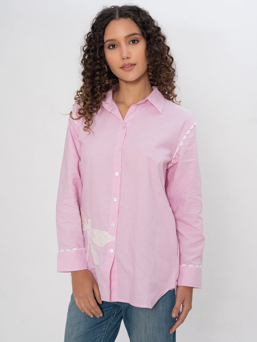 PINK COLOR FRONT AND BACK EMBROIDERED SEQUENCE COTTON SHIRT  ( Diwali  )