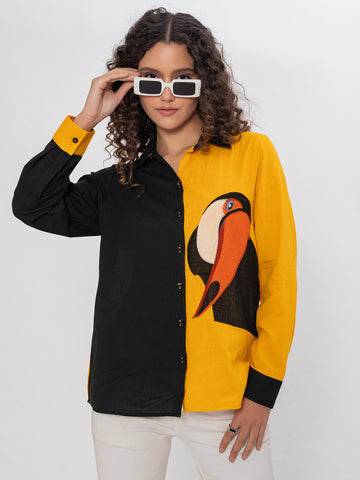 YELLOW FRONT AND BACK EMBROIDERED COTTON SHIRT