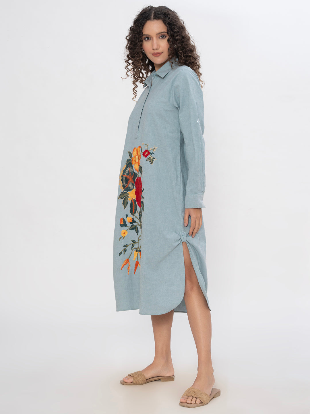 DENIM FRONT FLORAL EMBROIDERED SHIRT DRESS WITH SIDE SLITS  ( Diwali  )