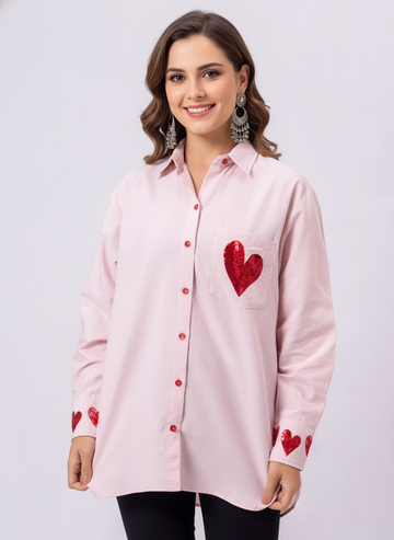 ROSY PINK CUTE RED HEART SEQUENCE EMBROIDERED SHIRT