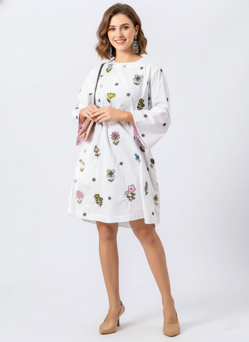ALL OVER EMBROIDERED FLORAL COTTON SHIRT WITH BELL SLEEVES