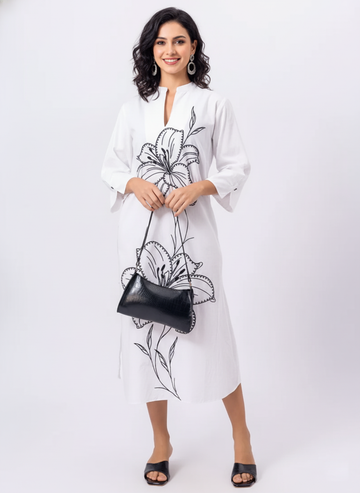 WHITE FRONT EMBROIDERED COTTON DRESS