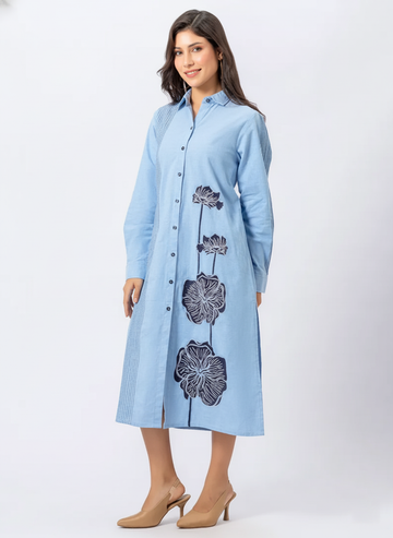 SOLID COLOR FRONT EMBROIDERED COTTON SHIRT DRESS WITH PINTEX DETAILING