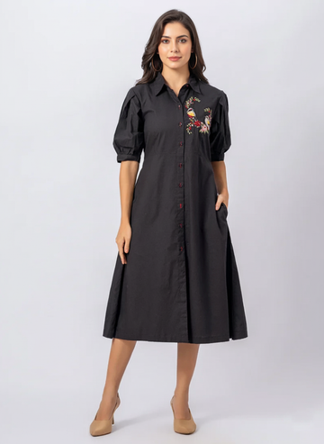 SOLID COLOR FRON EMBROIDERED SHIRT DRESS WITH PUFF SLEEVES