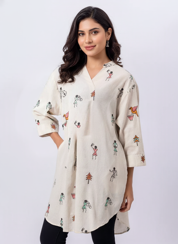ALL OVER EMBROIDERED TRIBAL FIGURE COTTON SHIRT