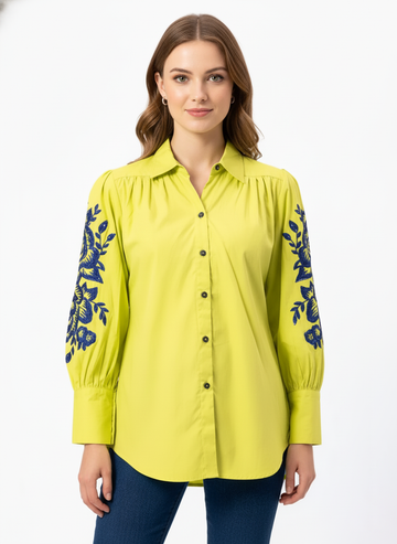 VIBRANT YELLOW SOLID COLOR SLEEVES SEQUENCE EMBROIDERED COTTON SHIRT
