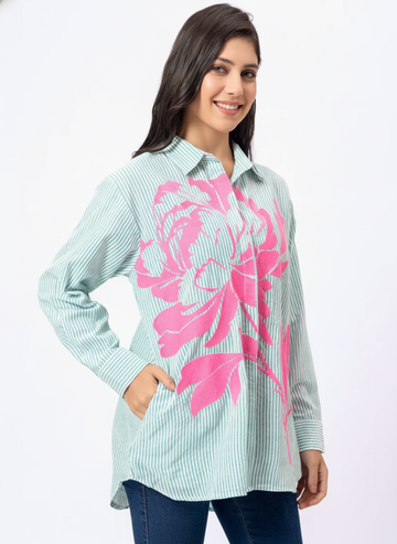 GREEN STRIPE FRONT EMBROIDERED COTTON SHIRT
