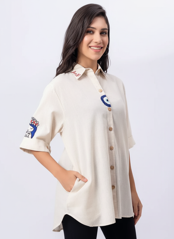 BEIGE COLOR FRONT, COLLAR & SLEEVE EMBROIDERED COTTON QUARTER SLEEVE SHIRT