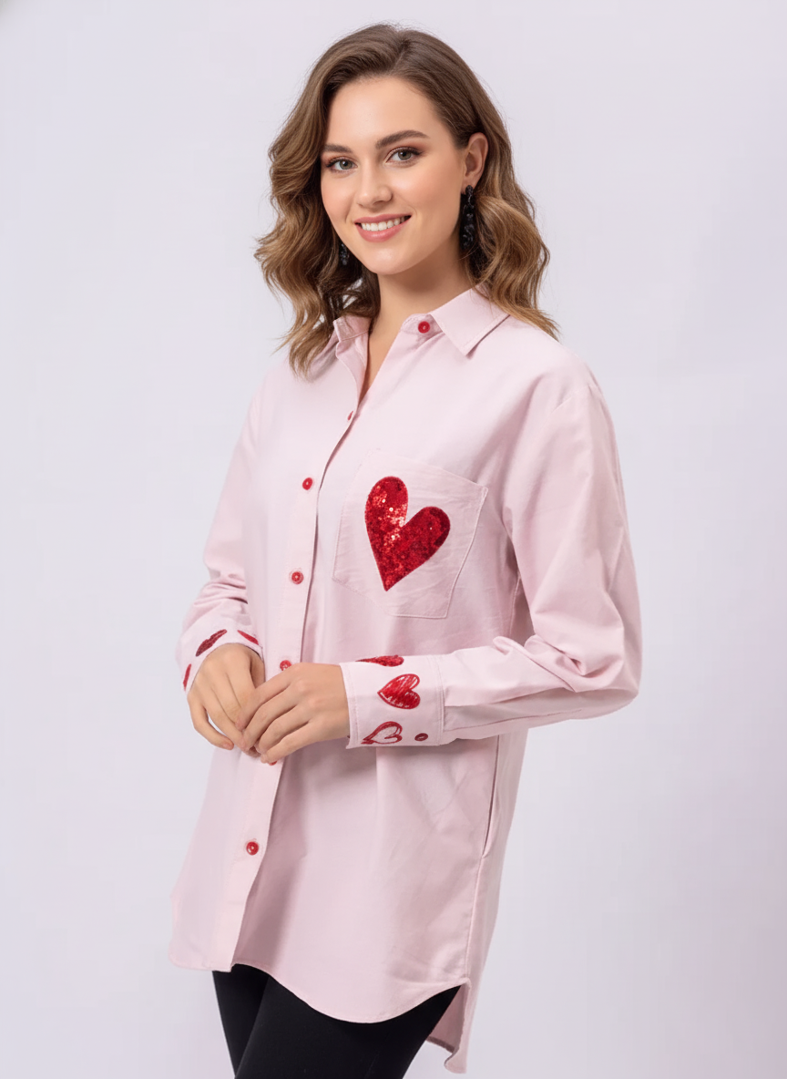 ROSY PINK CUTE RED HEART SEQUENCE EMBROIDERED SHIRT