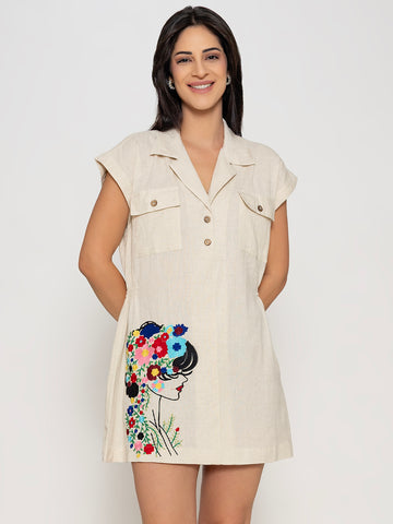 SOLID COLOR FRONT EMBROIDERED NOTCH LAPEL COLLAR COTTON DRESS