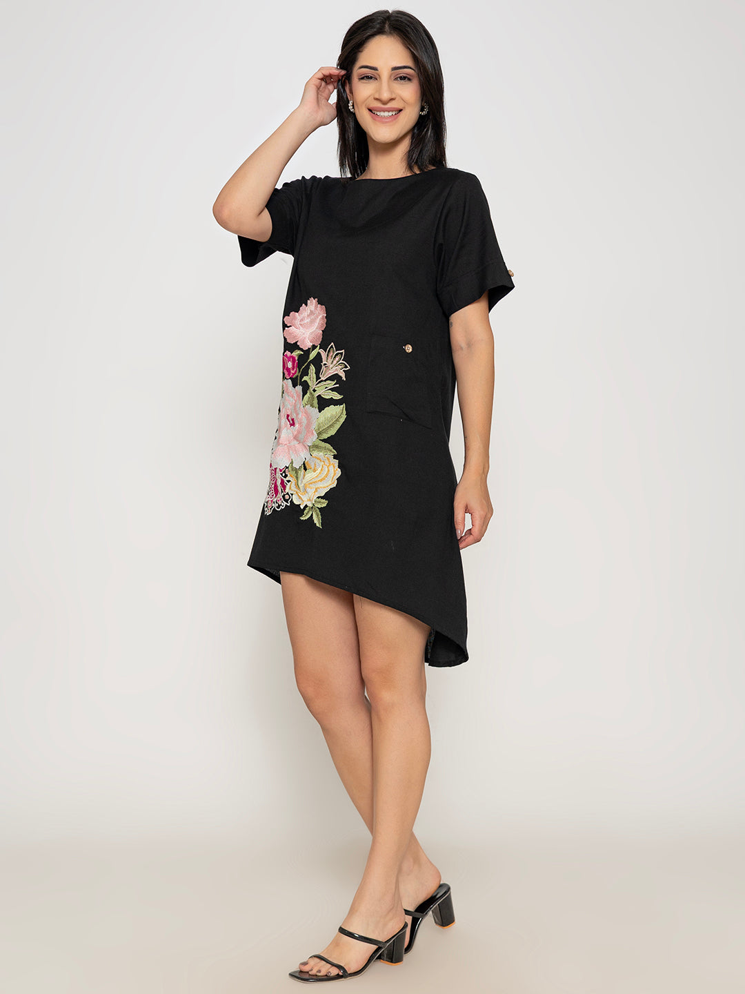 SOLID COLOR FRONT EMBROIDERED HIGH-LOW COTTON DRESS  ( Diwali  )