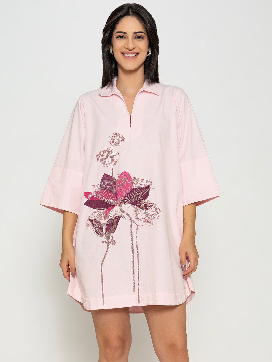 ROSY PINK COLOR FRONT SEQUENCE EMBROIDERED COTTON DRESS Siddhaarth Oberoi Shirts ROSY PINK COLOR FRONT SEQUENCE EMBROIDERED COTTON DRESS Siddhaarth Oberoi Shirts