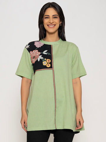 SOFTMINT SOLID COLOR FRONT AND BACK EMBROIDERED COTTON SHIRT WITH LACE DETAILING