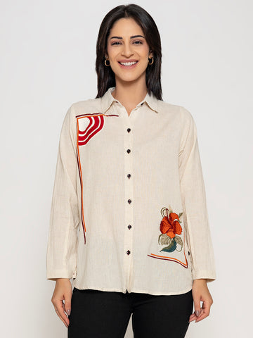 FRONT AND BACK EMBROIDERED COTTON SHIRT DRESS WITH SIDE BUTTON DETAILING