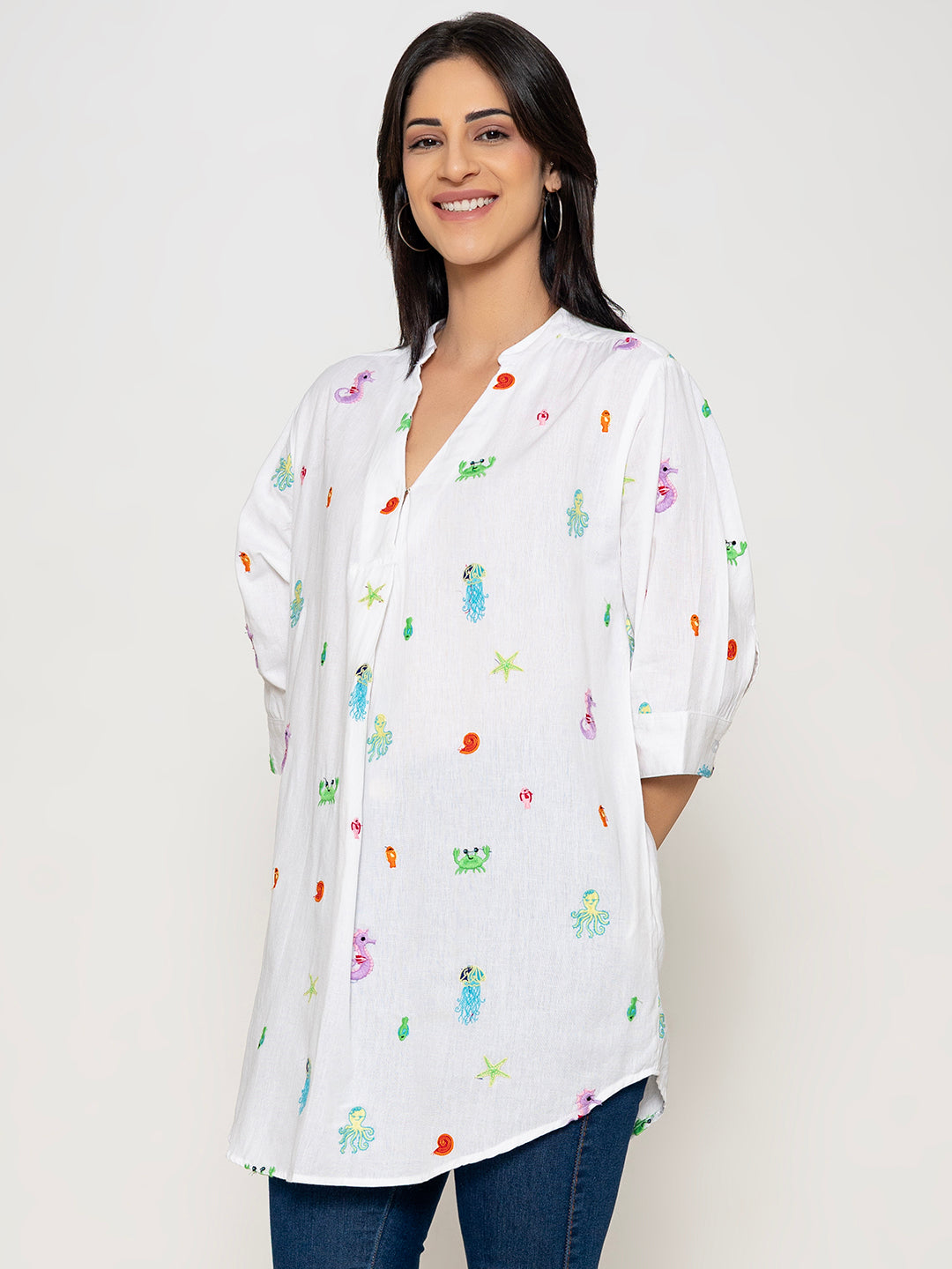 ALL OVER EMBROIDERED SEA WORLD COTTON SHIRT  ( Diwali  )