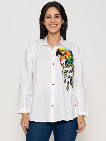 WHITE FRONT EMBROIDERED MACAW SHIRT