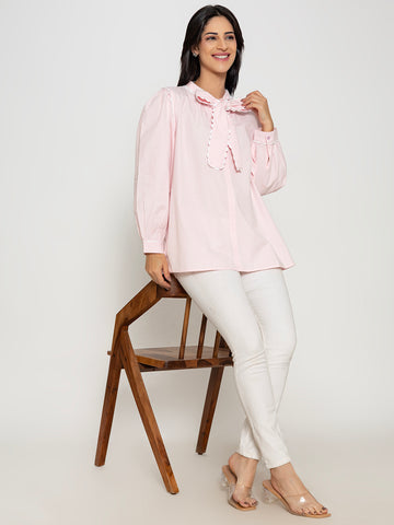ROSY PINK FULL SLEEVE FRONT BOW SHIRT WITH LACE DETAILING
