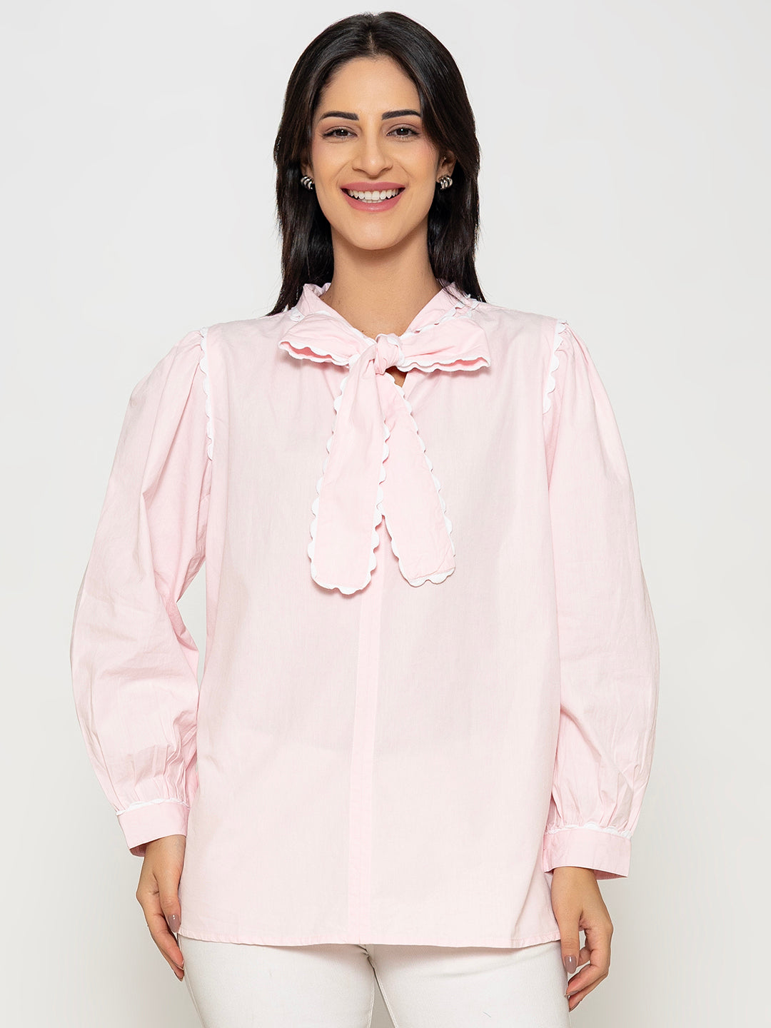 ROSY PINK FULL SLEEVE FRONT BOW SHIRT WITH LACE DETAILING