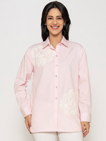ROSY PINK COLOR FRONT SEQUENCE EMBROIDERED COTTON SHIRT