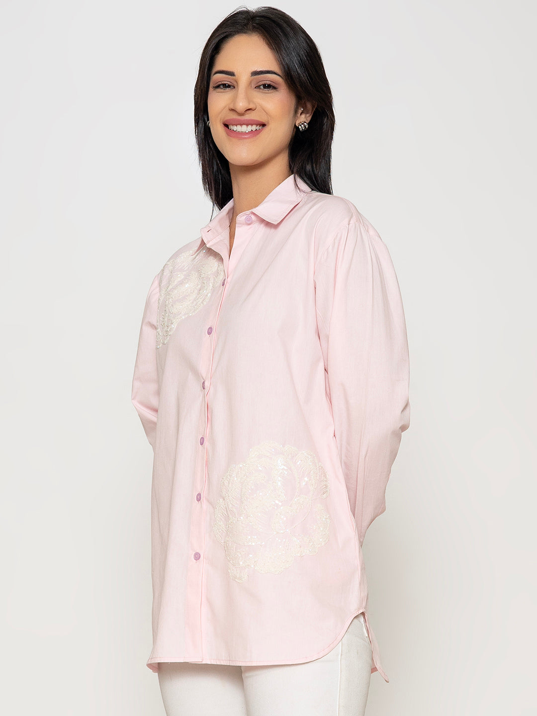 ROSY PINK COLOR FRONT SEQUENCE EMBROIDERED COTTON SHIRT