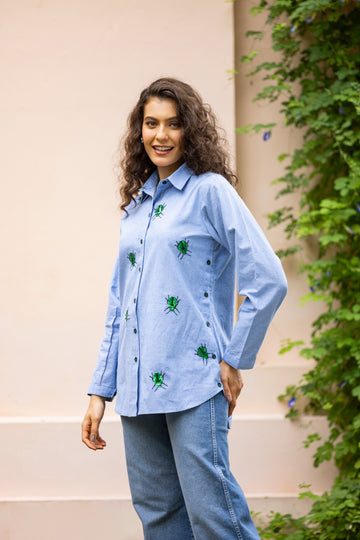 Blue Oxford Beetal Embroidered Shirt With Side Button Detailing