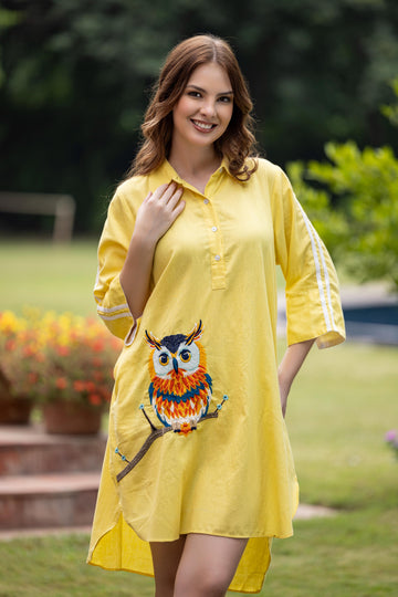 Owl Tales Lemon Yellow Cotton Long Shirt with Lace Detailing