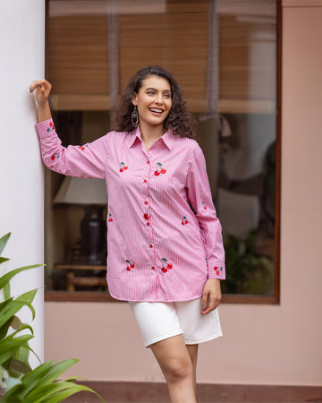 Vertical Pink Striped Cherry Embroidered Cotton Shirt