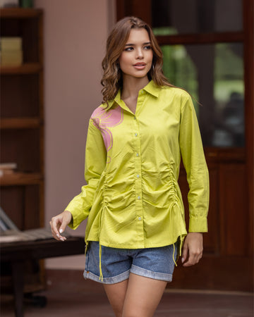 Lime Green Floarl Front & Back Embroiered Shirt with Drawstring Detailing