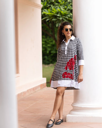 Black & White Checkered Embroidered Long Shirt with Contrast Finishing