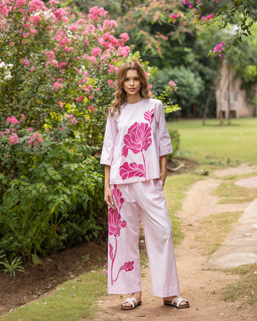 Floral Embroidered Back Slit Pink Cotton Coord Set