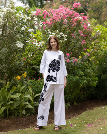 Floral Embroidered Back Slit White Cotton Coord Set