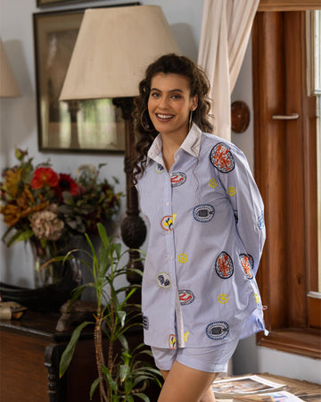 Vertical Blue Striped Embroidered Shirt with Contrast Finishing