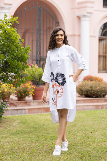 White Front Embroidered High & Low Cut Long Shirt