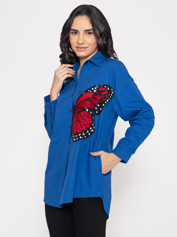 SOLID COLOR FRONT EMBROIDERED BUTTON UP EMBROIDERED SHIRT-