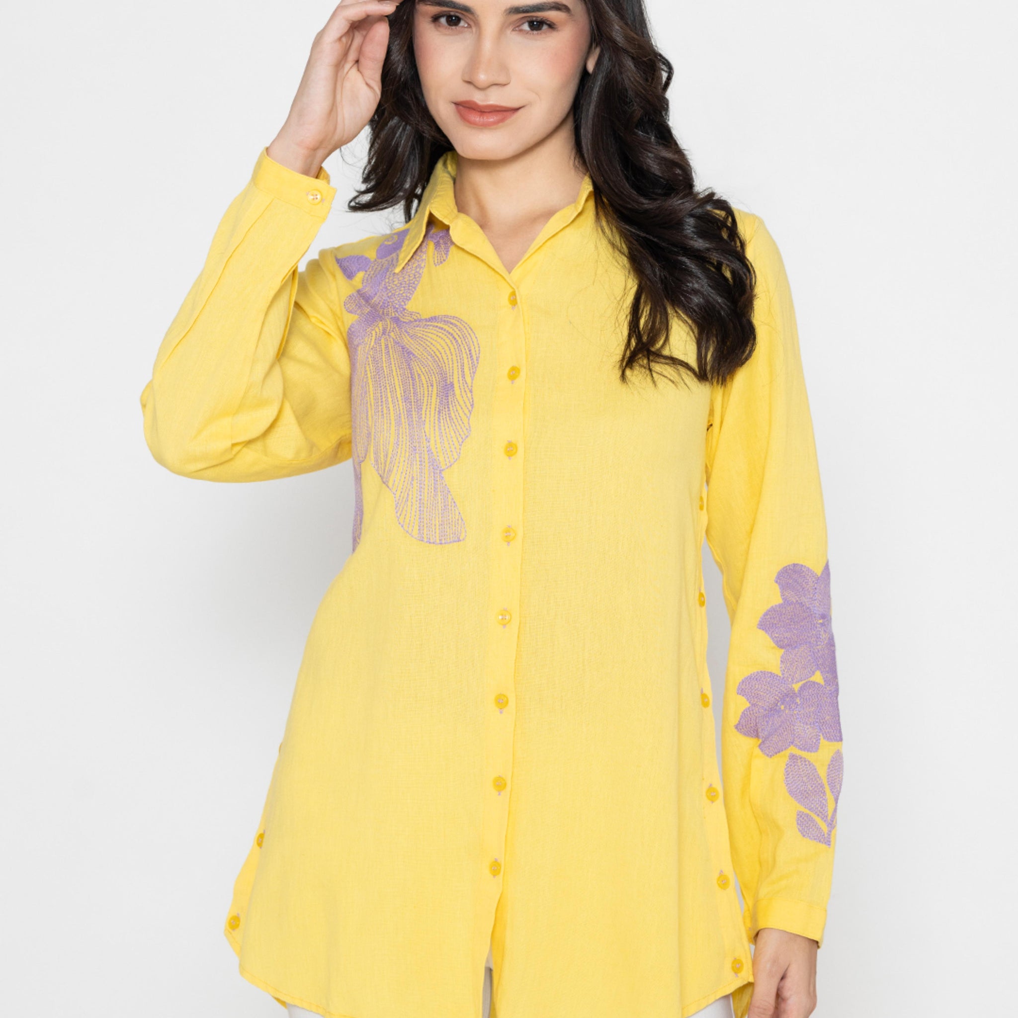 SOLID COLOR FRONT & SLEEVES EMBROIDERED BUTTON-UP YELLOW SHIRT.